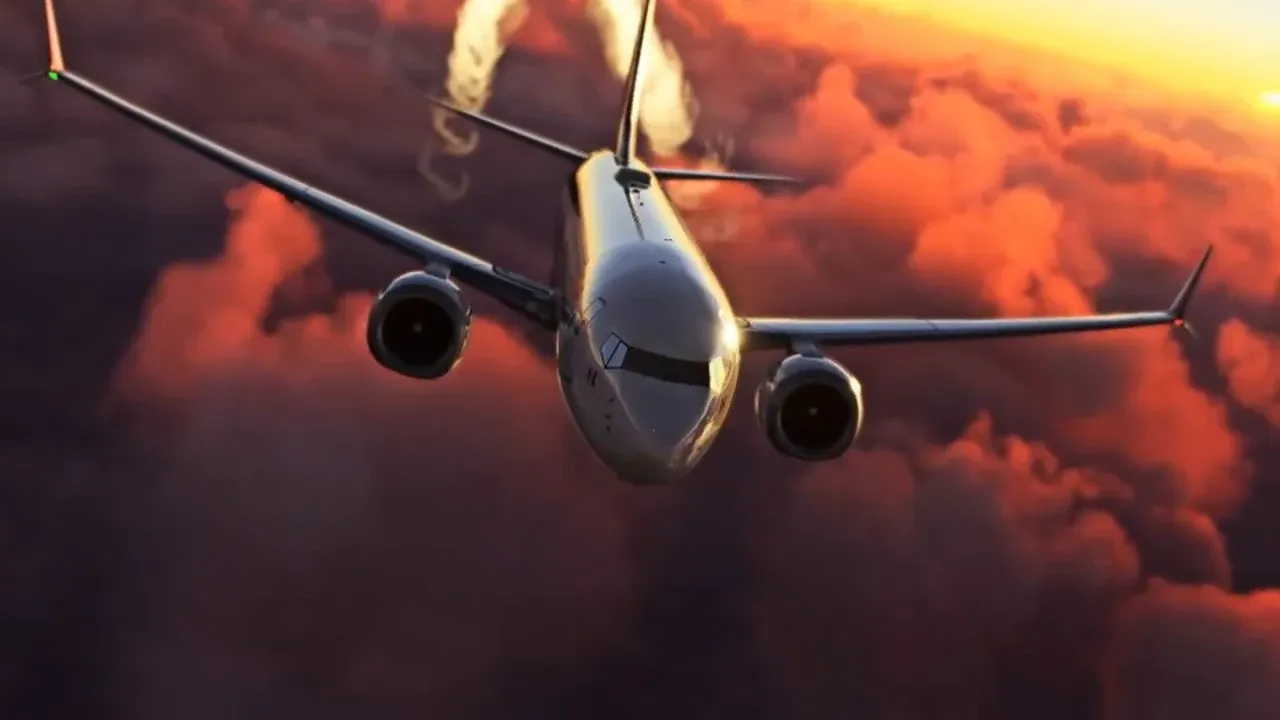 Boeing 737 de Axolojet de frente sobre nubes rojas del atardecer