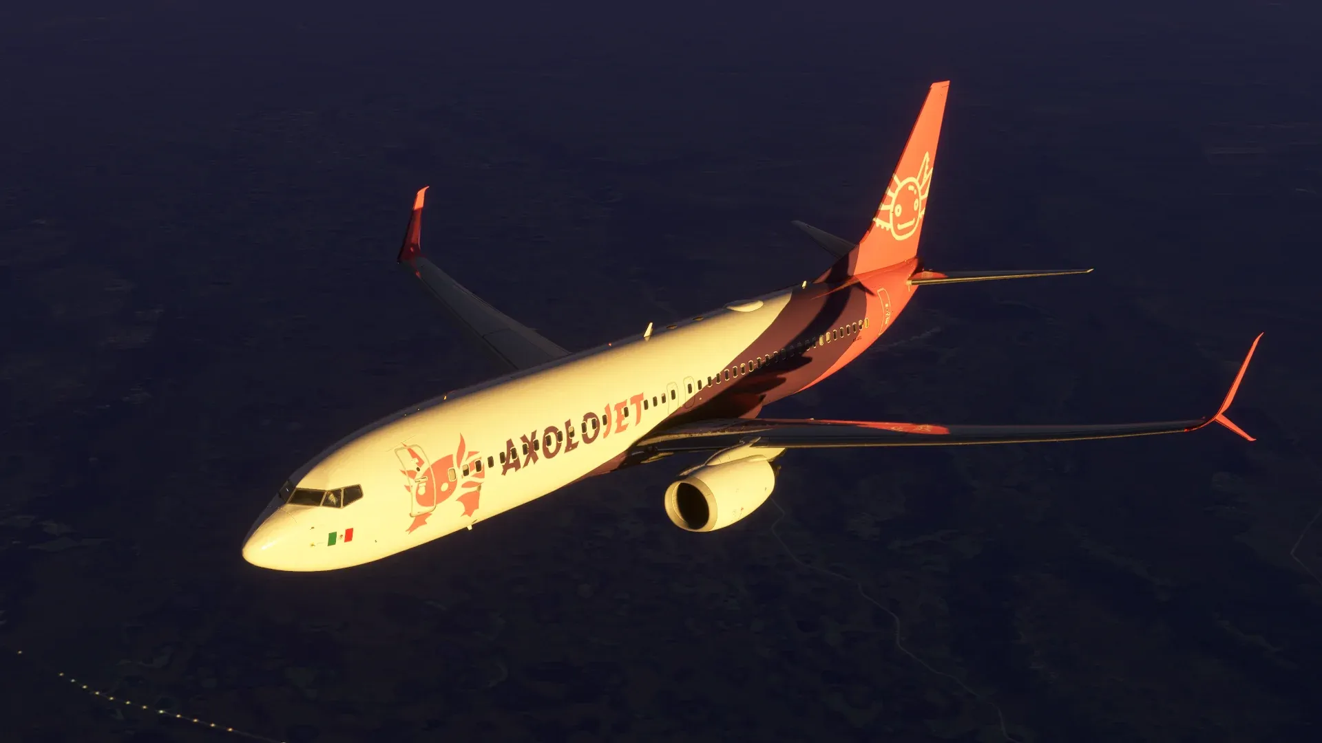 Boeing 737 de Axolojet iluminado por el sol dorado