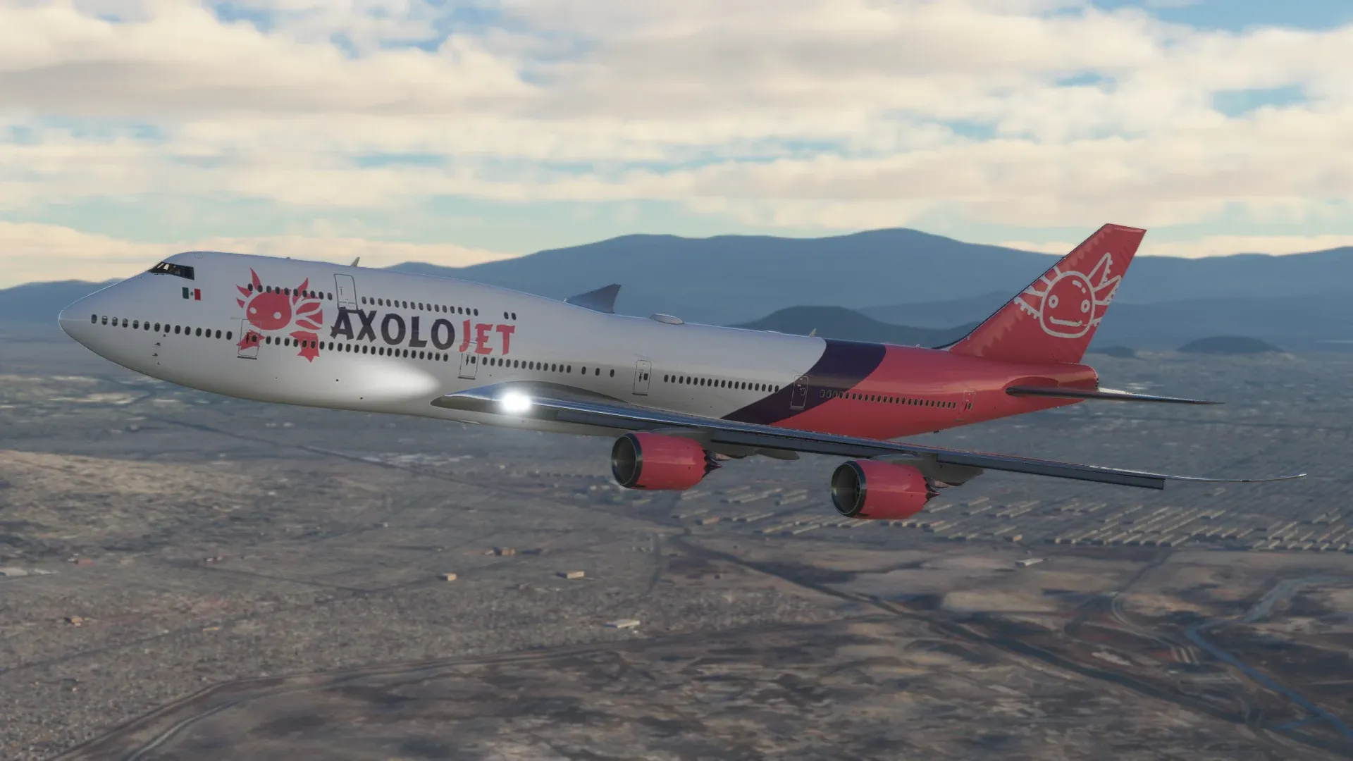Axolojet Boeing 747 in flight with volcanoes in the background