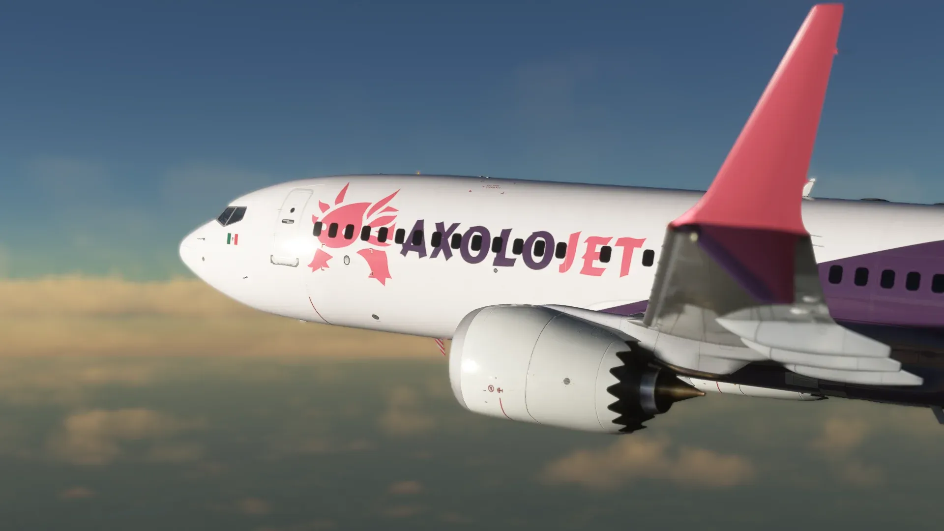 Close-up of the Axolojet Boeing 737 MAX 8 in cruise